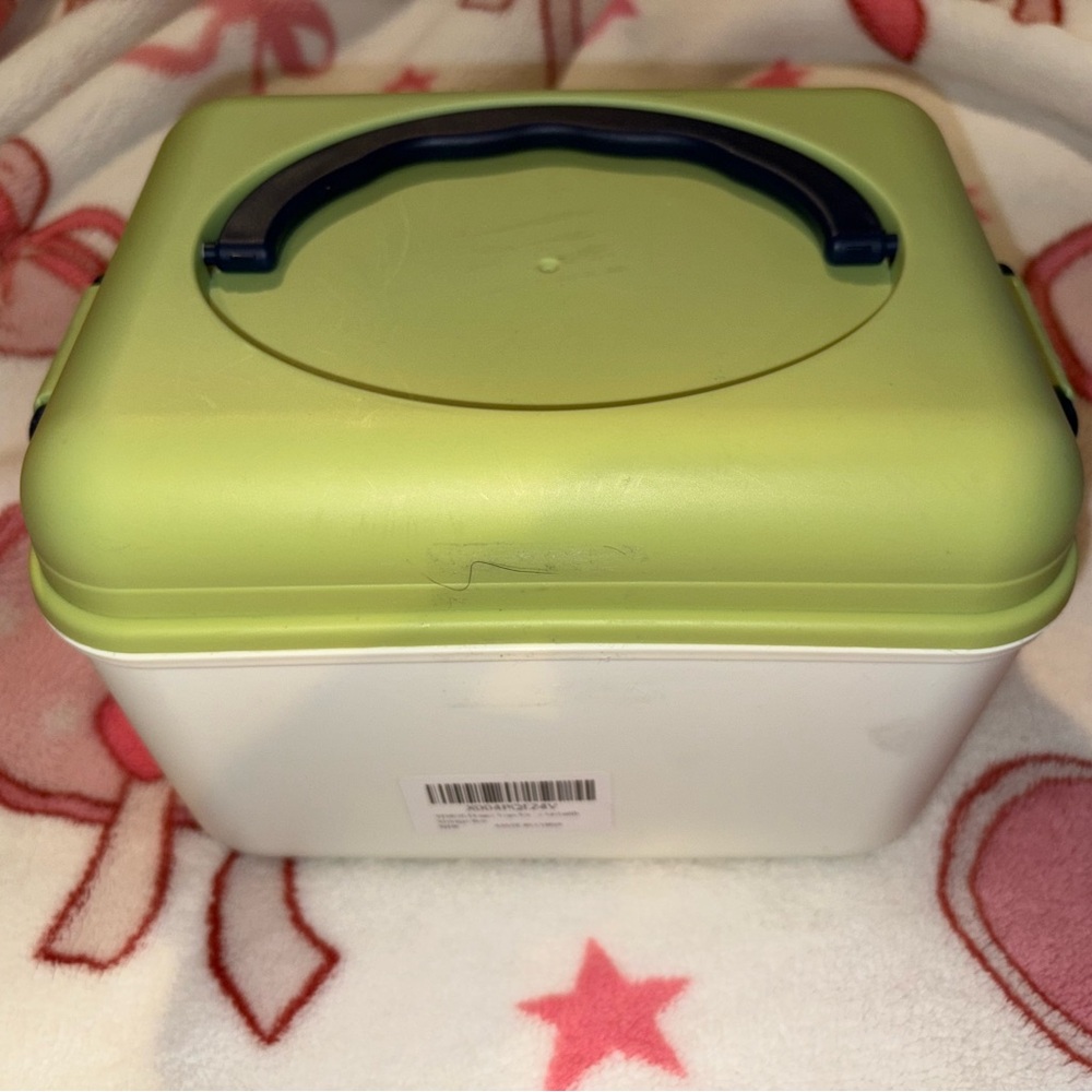 Green and White Storage Box with Handle and flower building pieces